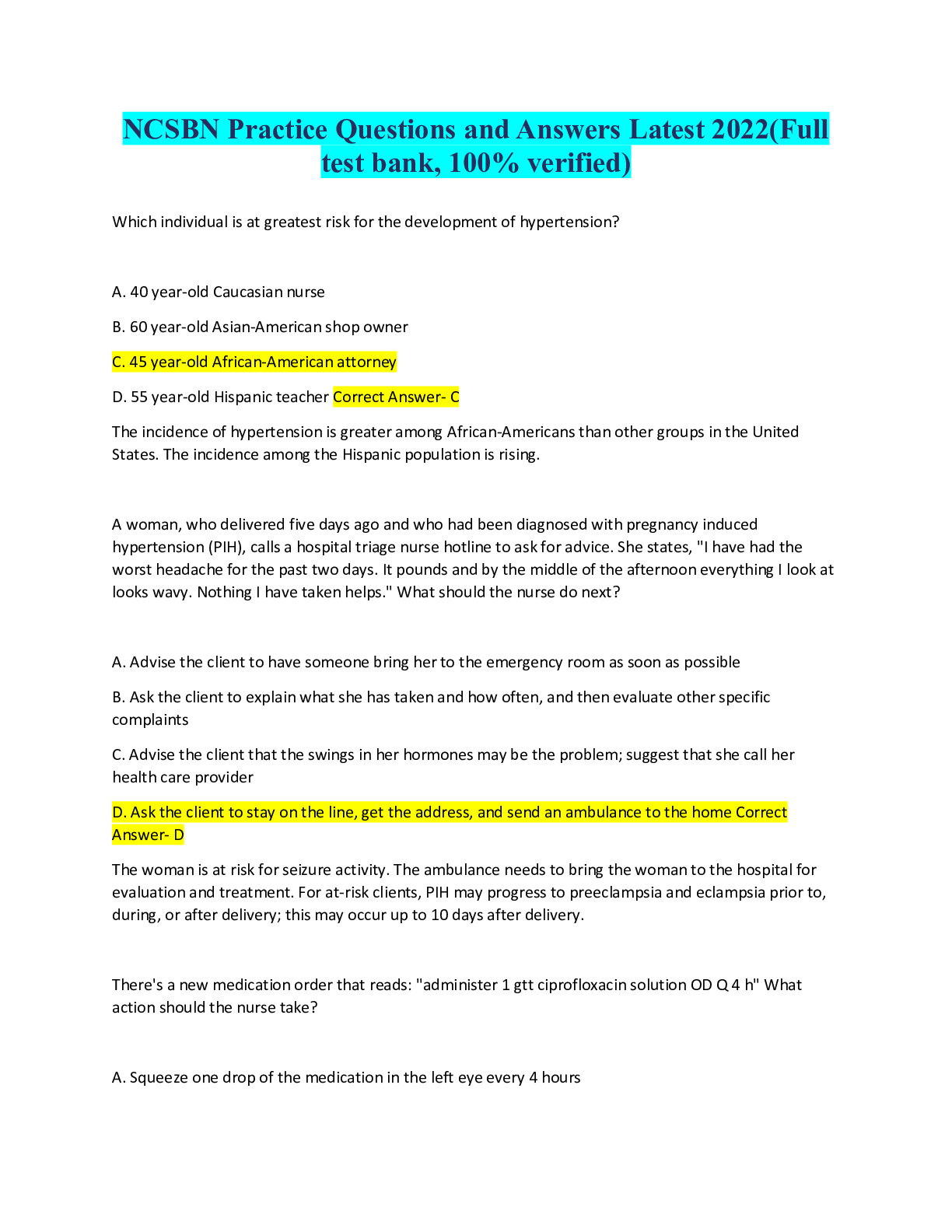 Preview image for NCSBN Practice Questions and Answers Latest 2022(Full test bank, 100% verified)